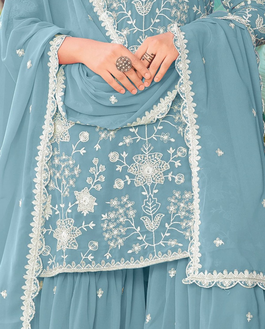 BLUE - Elegant Sky Blue Heavy Embroidery Georgette Designer Palazzo Suit